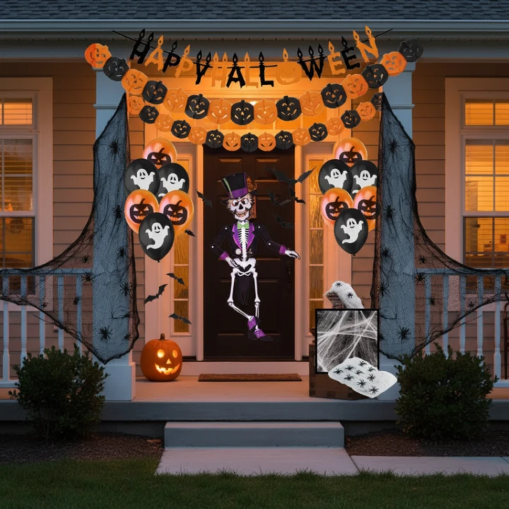 balony i szkielet halloweenowy dekoracja