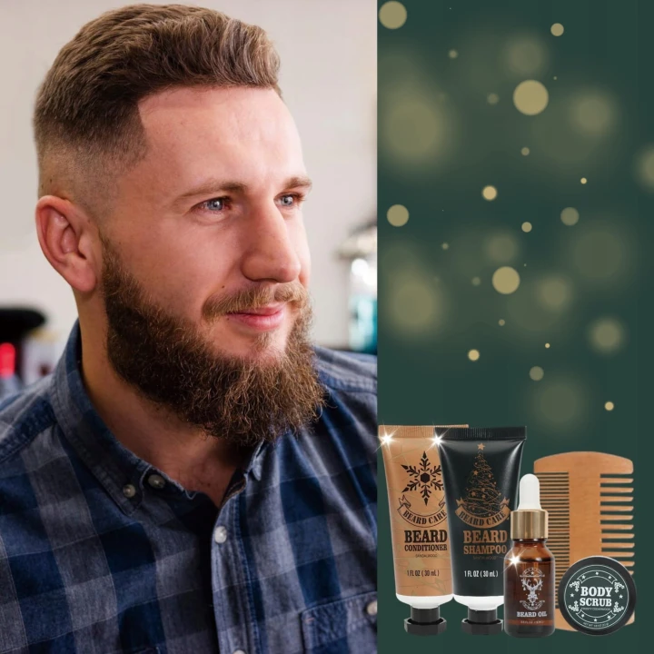 Brodaty mężczyzna, obok szampon i odżywka do brody, olejek, peeling i grzebień