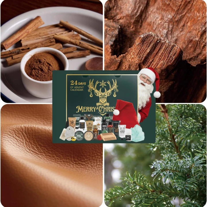 Kolaż: cynamon, drewno, skóra i gałązka świerku obok pudełka kalendarza