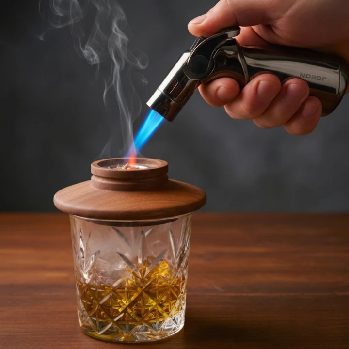 opalanie smokera nad szklanką whisky