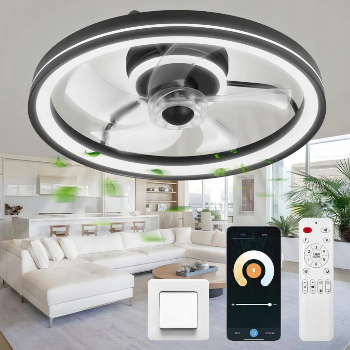 Lampa z wiatrakiem sufitowym widok z boku ciepła barwa 3200K