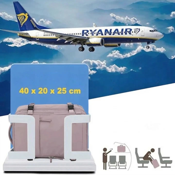 Grafika reklamowa: plecak w ramce do mierzenia bagażu z podpisem 40 x 20 x 25 cm