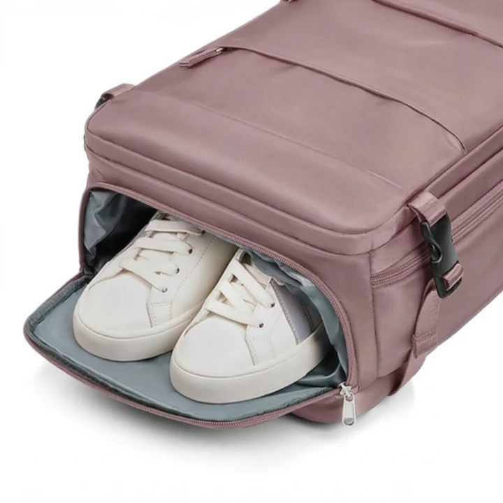 Komora na buty w dolnej części różowego plecaka