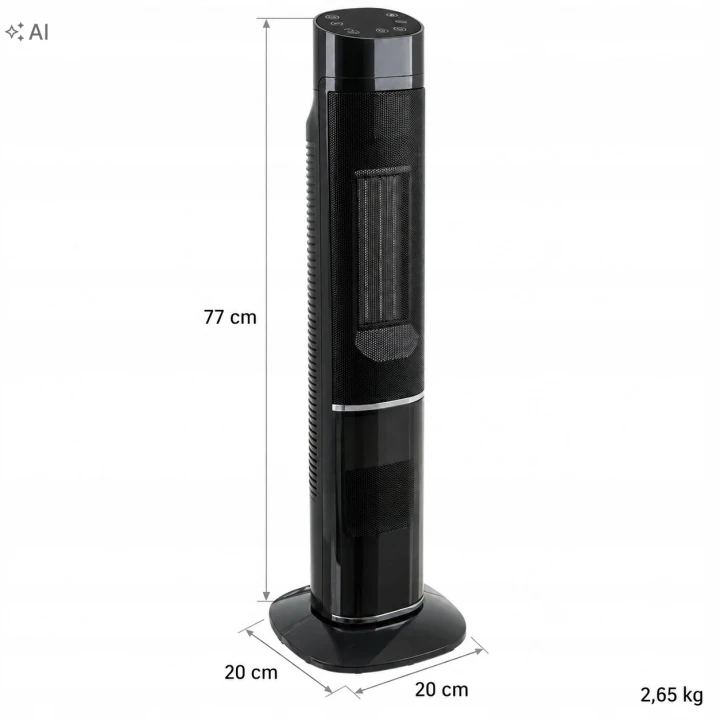 Wymiary termowentylatora: wysokość 77 cm, podstawa 20 x 20 cm, masa 2,65 kg