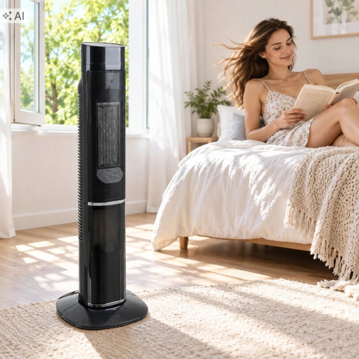 Ilustracja: termowentylator w jasnej sypialni, kobieta czyta na łóżku