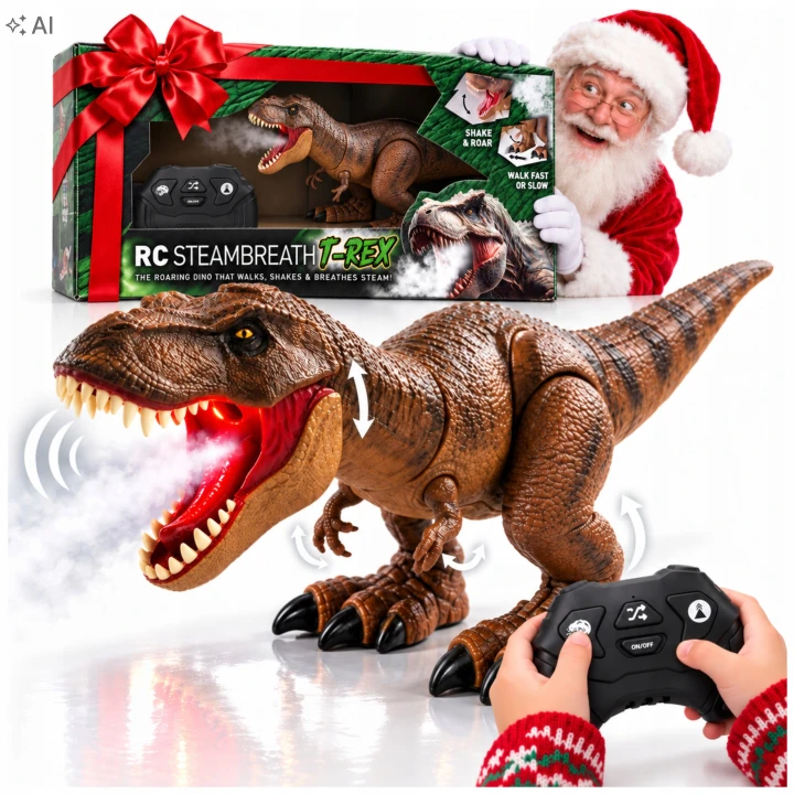 Dinozaur T-Rex RC z parą z pyska przed pudełkiem z kokardą, dłoń dziecka trzyma pilot