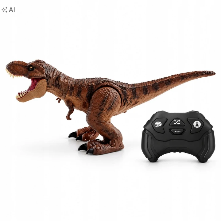 Dinozaur T-Rex i czarny pilot z przyciskami na białym tle