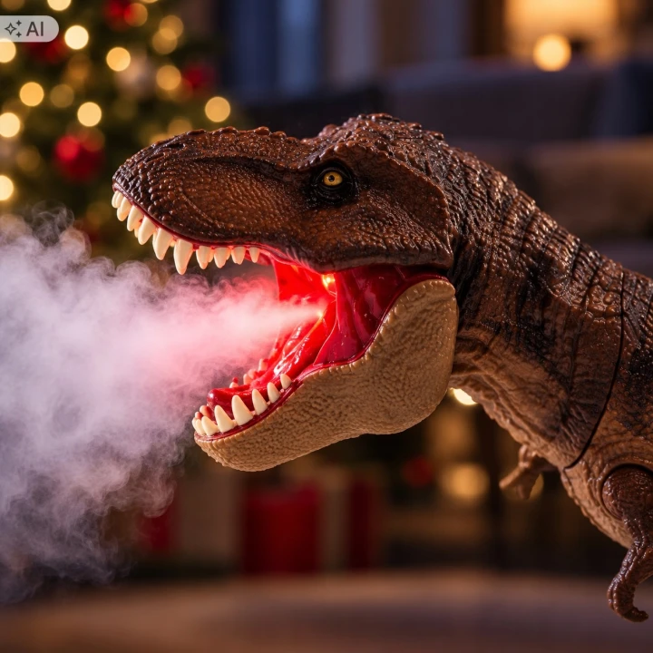 Ilustracja: zbliżenie głowy dinozaura, z podświetlonego pyska wydobywa się para