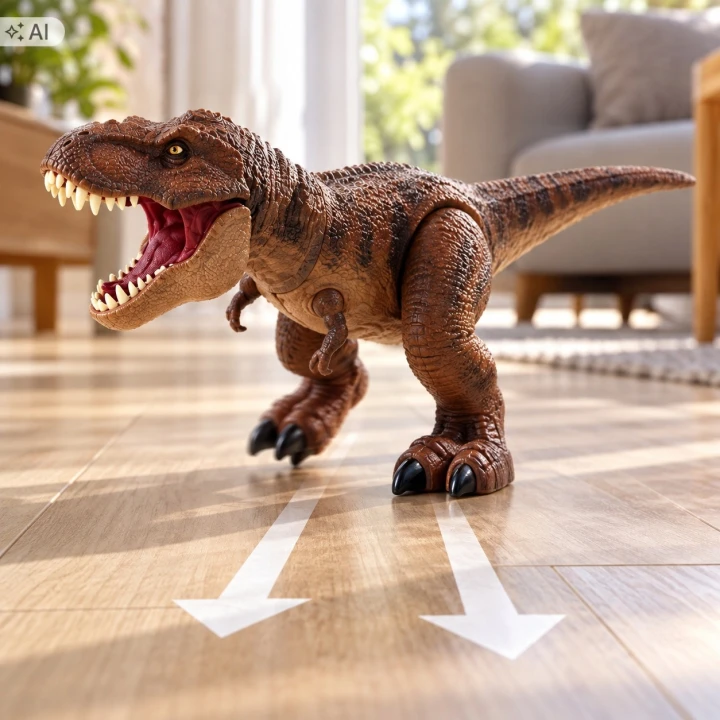 Ilustracja: dinozaur T-Rex idzie po podłodze, strzałki pokazują kierunek marszu