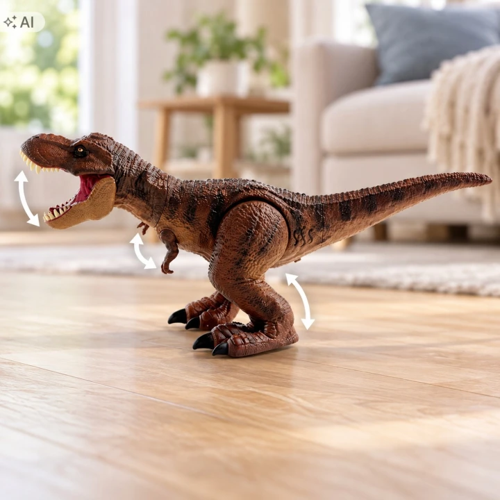 Ilustracja: dinozaur T-Rex na podłodze, strzałki pokazują ruch głowy i łap