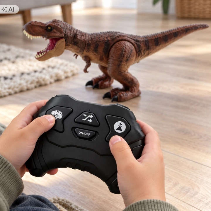 Ilustracja: dłonie trzymają pilot z czterema przyciskami, w tle dinozaur