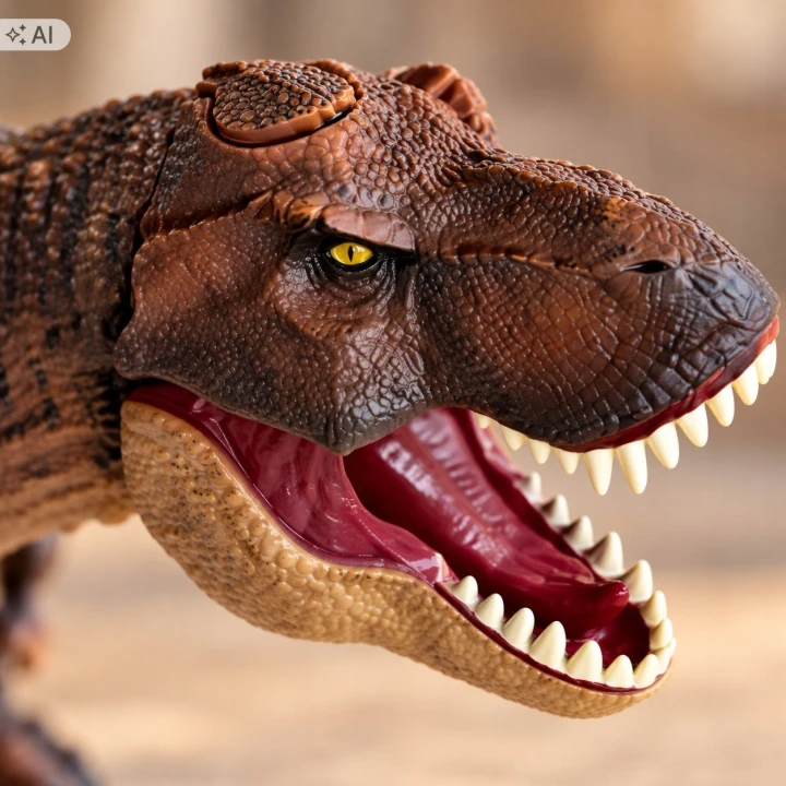 Ilustracja: zbliżenie głowy T-Rexa z żółtym okiem i białymi zębami