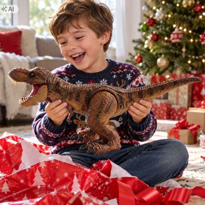 Ilustracja: chłopiec trzyma dinozaura T-Rex przy rozpakowanym prezencie