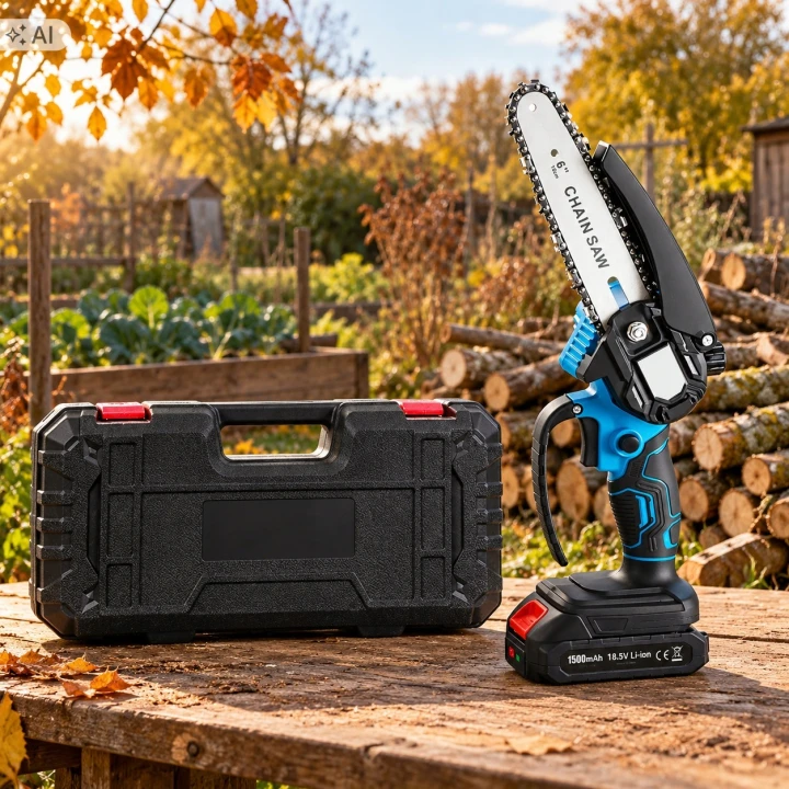 Ilustracja: mini piła i walizka na stole w jesiennym ogrodzie