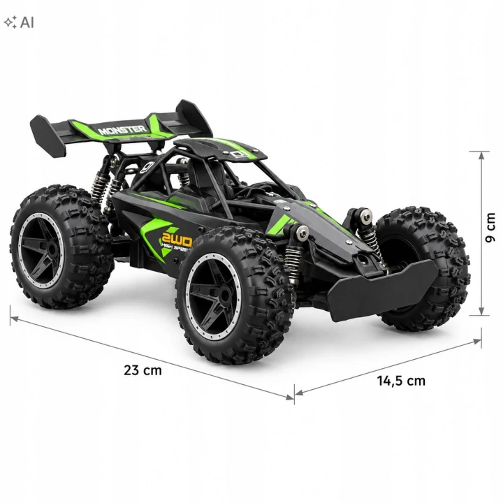 Wymiary samochodu RC: długość 23 cm, szerokość 14,5 cm, wysokość 9 cm