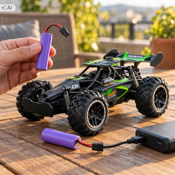 Ilustracja: dłoń z akumulatorem 500 mAh, obok samochód i akumulator na ładowaniu USB