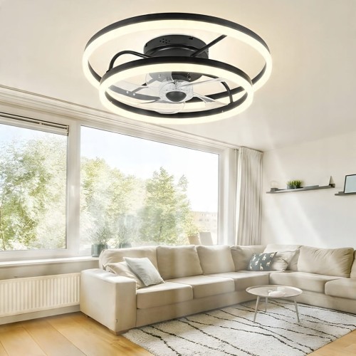 Lampa LED z wiatrakiem sufitowym widok z boku ciepła barwa