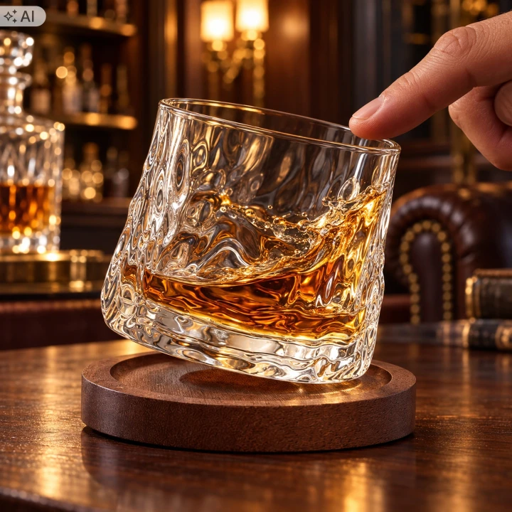 Palec popycha obrotową szklankę do whisky, trunek wiruje, szklanka przechyla się na podstawce