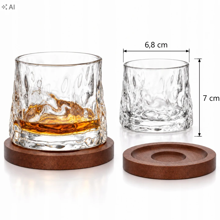Wymiary szklanki do whisky: wysokość 7 cm, średnica u góry 6,8 cm, obok drewniana podstawka