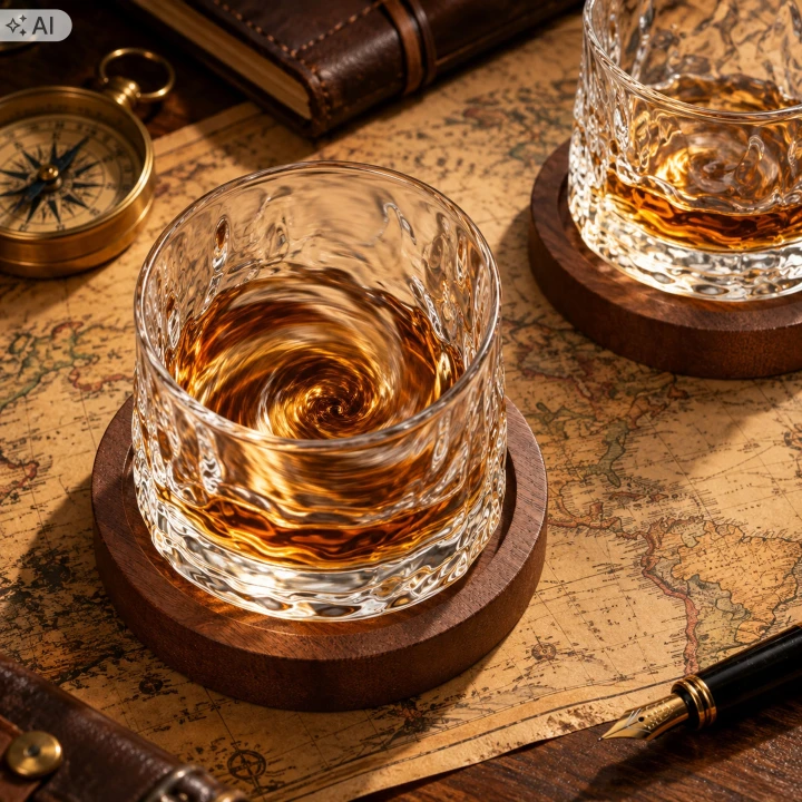 Whisky wiruje w obrotowej szklance na drewnianej podstawce, pod spodem stara mapa i kompas
