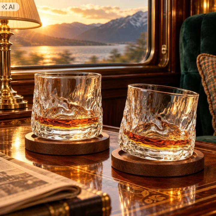 Dwie szklanki whisky na podstawkach na stoliku w wagonie pociągu, za oknem góry
