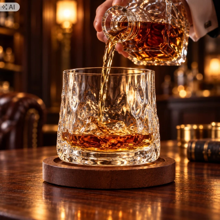 Whisky nalewana z karafki do obrotowej szklanki z młotkowanego szkła