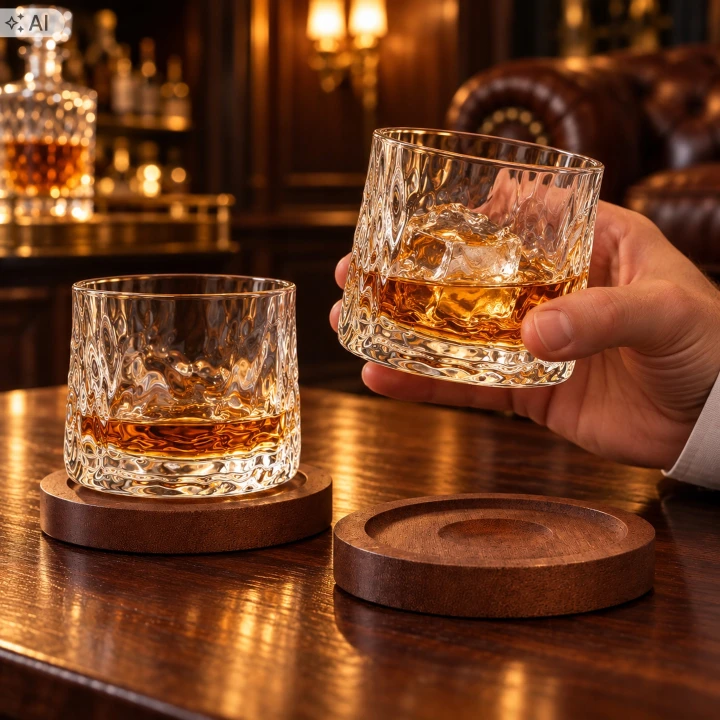Dłoń podnosi szklankę whisky z lodem z podstawki, obok druga szklanka na podstawce