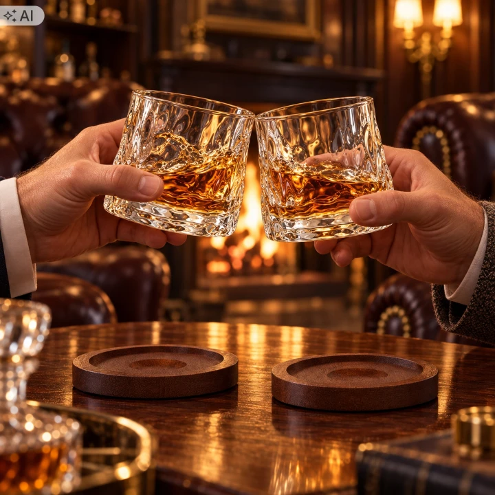 Dwie dłonie stukają się szklankami do whisky nad stołem z pustymi podstawkami, w tle kominek