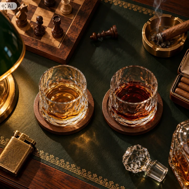 Widok z góry na dwie szklanki whisky na podstawkach na zielonym blacie obok szachów i cygara