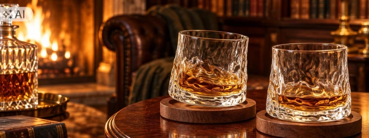 Ilustracja: dwie obrotowe szklanki whisky na podstawkach przy kominku w klubowym wnętrzu