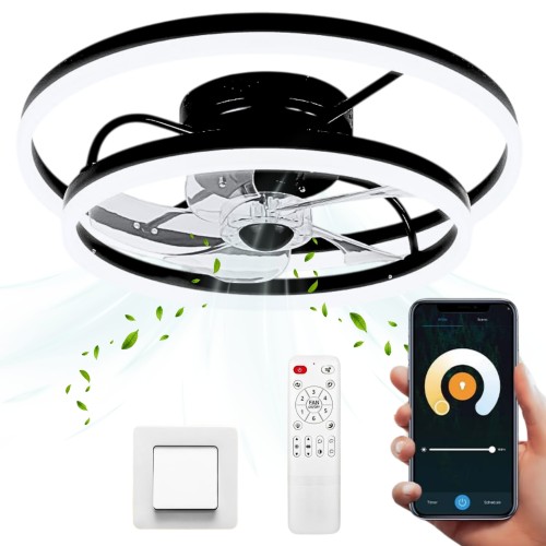 Lampa sufitowa LED okrągła z wentylatorem czarna pierścień LED