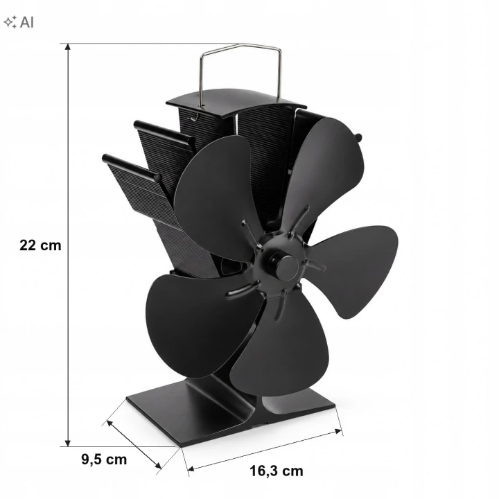 Wymiary wentylatora kominkowego: wysokość 22 cm, podstawa 16,3 x 9,5 cm