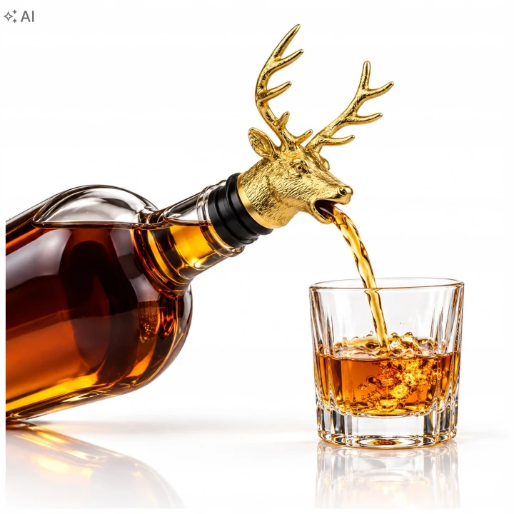 Złoty nalewak jeleń na butelce whisky, whisky płynie z pyska jelenia do szklanki