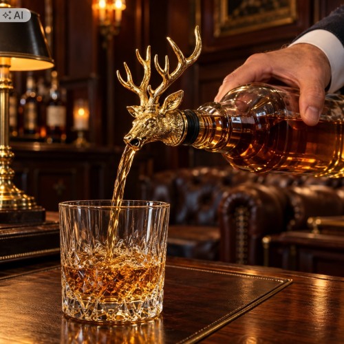 Dłoń nalewa whisky przez nalewak złoty jeleń do kryształowej szklanki w barze