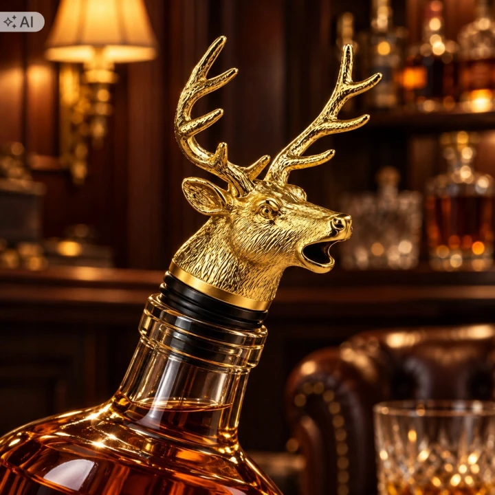 Złota głowa jelenia z porożem na szyjce butelki whisky, w tle domowy barek