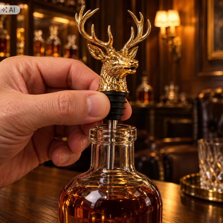 Dłoń wciska karbowany korek nalewaka jeleń w szyjkę karafki z whisky