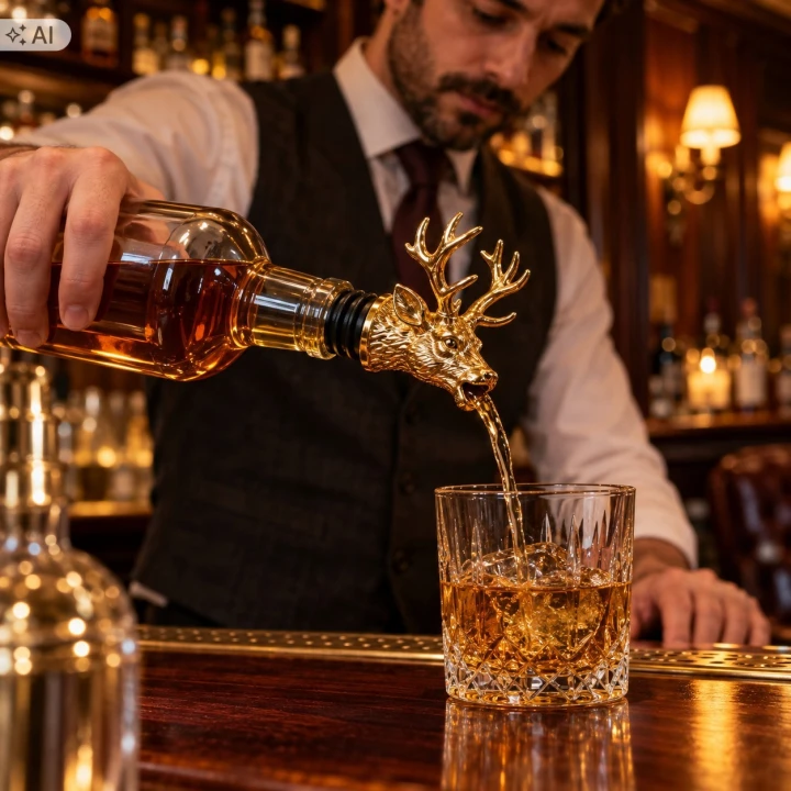 Barman nalewa whisky przez nalewak jeleń do szklanki z lodem