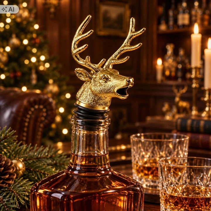 Nalewak złoty jeleń na karafce whisky przy choince, obok dwie szklanki