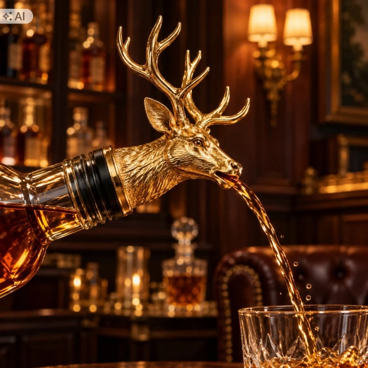 Whisky płynie z pyska złotego jelenia do szklanki, przechylona butelka