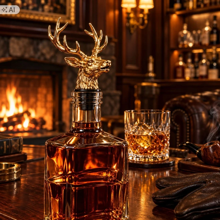 Karafka whisky z nalewakiem złoty jeleń przy kominku, obok szklanka i rękawiczki