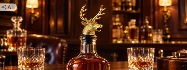 Ilustracja: karafka z nalewakiem złoty jeleń w barze między dwiema szklankami whisky