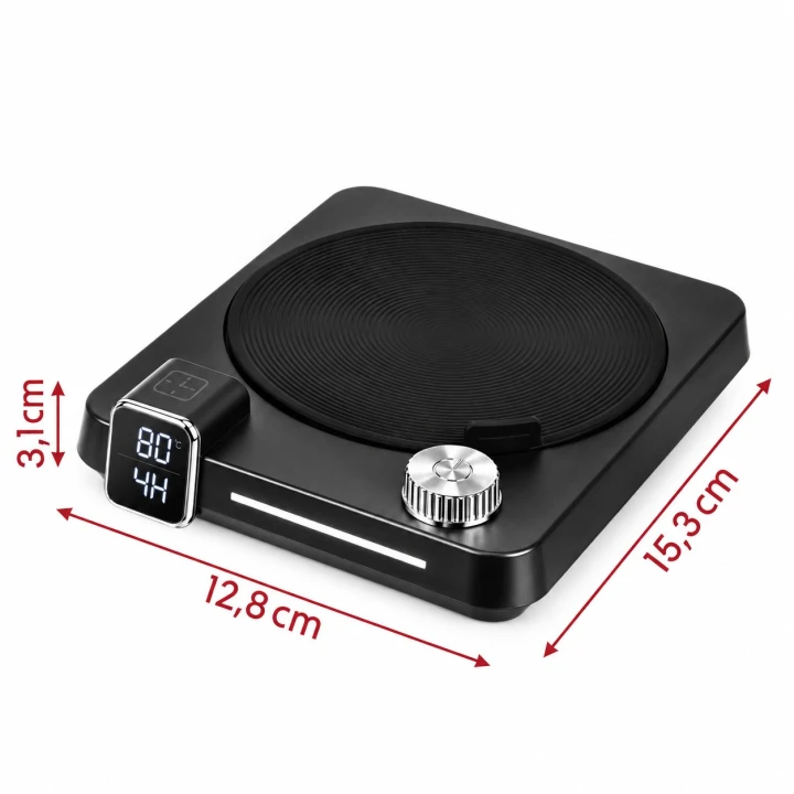 Rysunek z wymiarami podgrzewacza do kubka: 15,3 cm, 12,8 cm, wysokość 3,1 cm