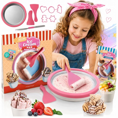 Dziewczynka zwija lody tajskie na różowej misie, obok pudełko Ice Cream Pan, foremki i szpachelki