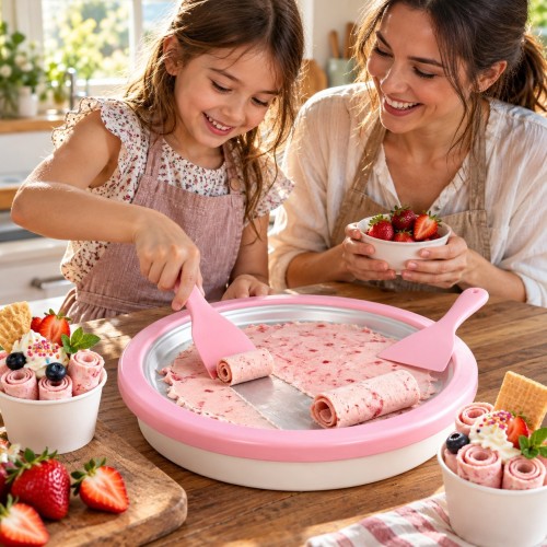 Mama z córką robią lody tajskie na różowej misie przy kuchennym stole, obok owoce