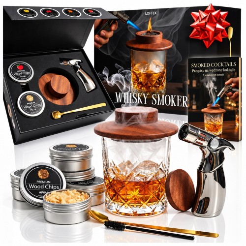 Zestaw Whisky Smoker Classic: pudełko, palnik, dymnica z drewna, 4 puszki wiórów, szklanka i łyżeczka