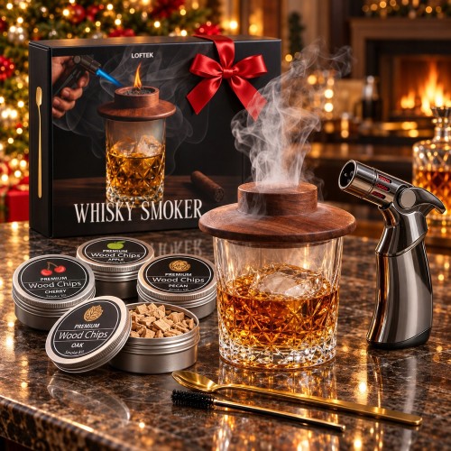 Whisky Smoker Classic na barze przy kominku, dym nad szklanką whisky, puszki wiórów i palnik