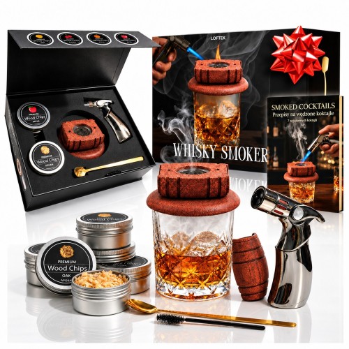 Zestaw Whisky Smoker Beczka: pudełko, palnik, dymnica w kształcie beczki, 4 puszki wiórów i szklanka