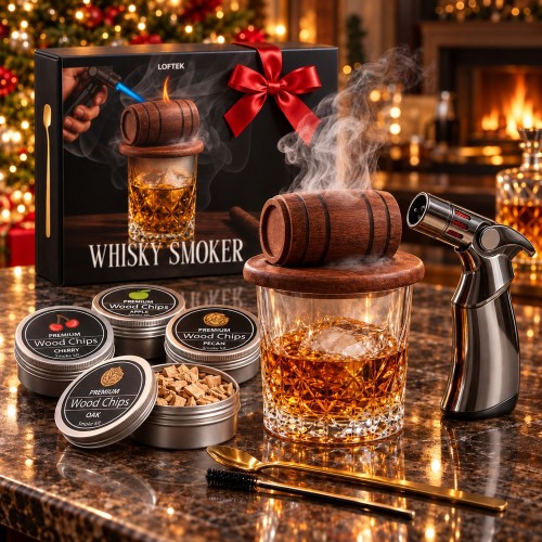Whisky Smoker Beczka na barze przy kominku, dym nad szklanką whisky, puszki wiórów i palnik