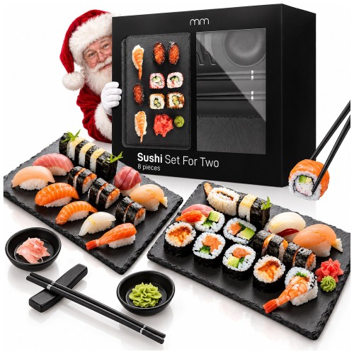 Zestaw do sushi dla 2 osób: pudełko prezentowe, dwa łupkowe talerze z sushi, pałeczki i miseczki