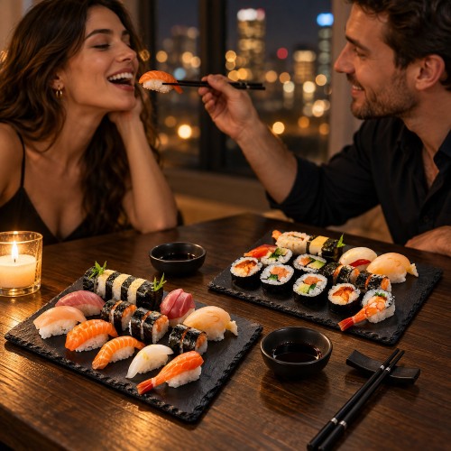 Para je sushi przy kolacji, na stole dwa łupkowe talerze, miseczki na sos i pałeczki
